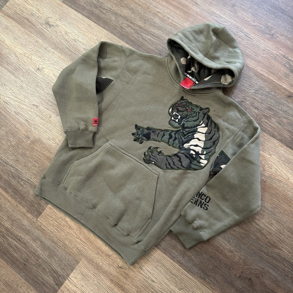 Y2K JNCO‎ OD Green Tiger Hoodie Sz L *READ* Streetwear Skater Grunge